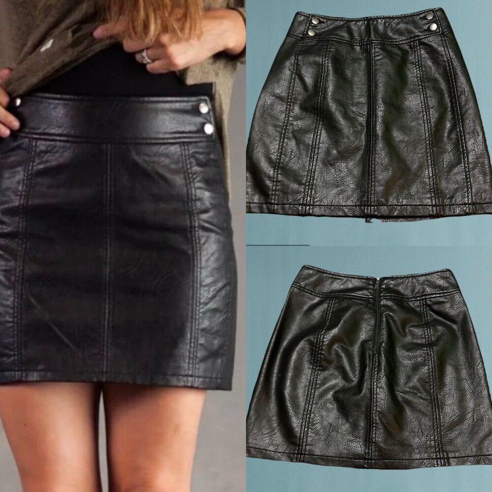 Free People Black Faux Leather Mini Skirt with Snap Detail size 2